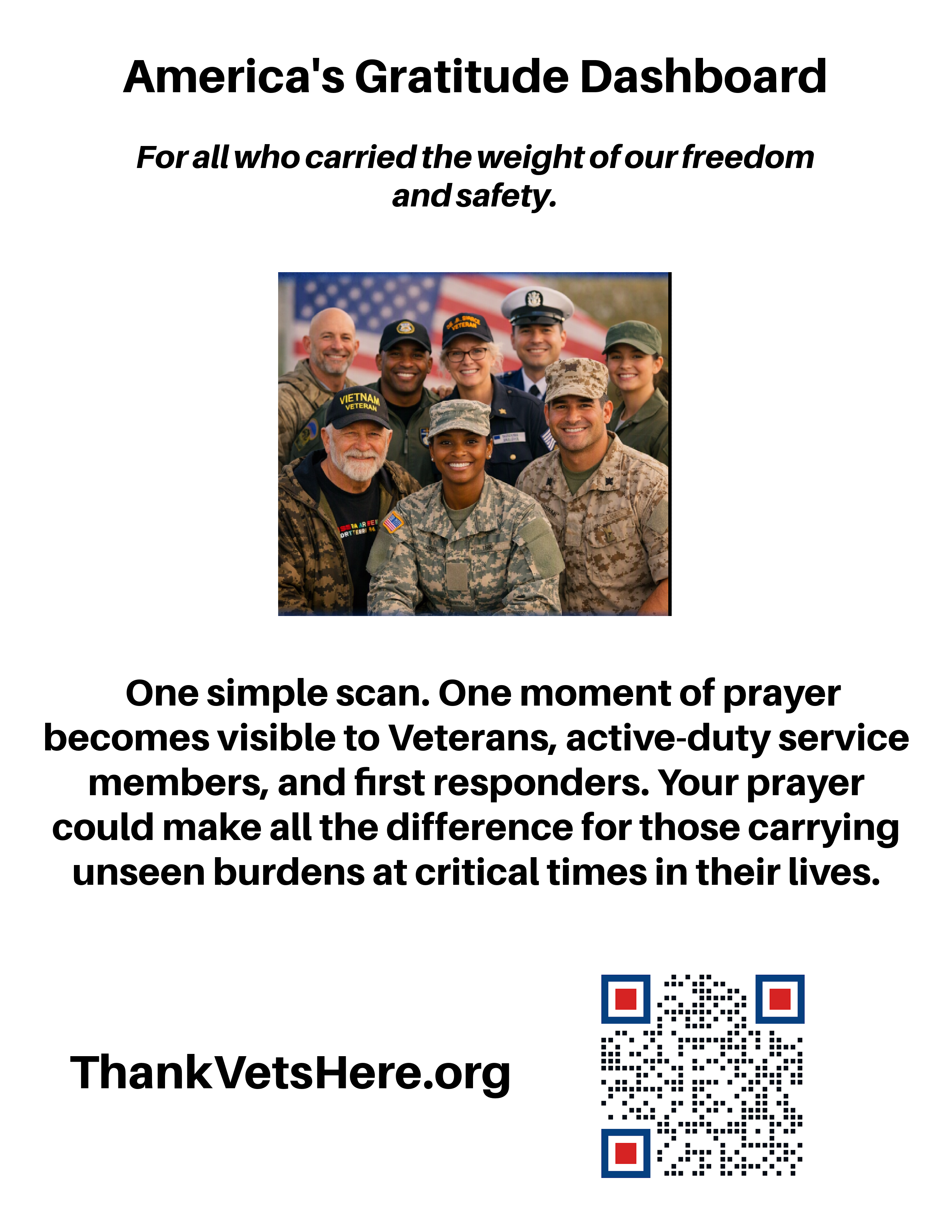 America’s Gratitude Dashboard church lobby poster on white: the heading America’s Gratitude Dashboard, the line For all who carried the weight of our freedom and safety, a group photo of smiling Veterans and service members in uniform and Veteran caps in front of an American flag, then One simple scan. One moment of prayer becomes visible to Veterans, active-duty service members, and first responders. Your prayer could make all the difference for those carrying unseen burdens at critical times in their lives. Closes with ThankVetsHere.org and a QR code.