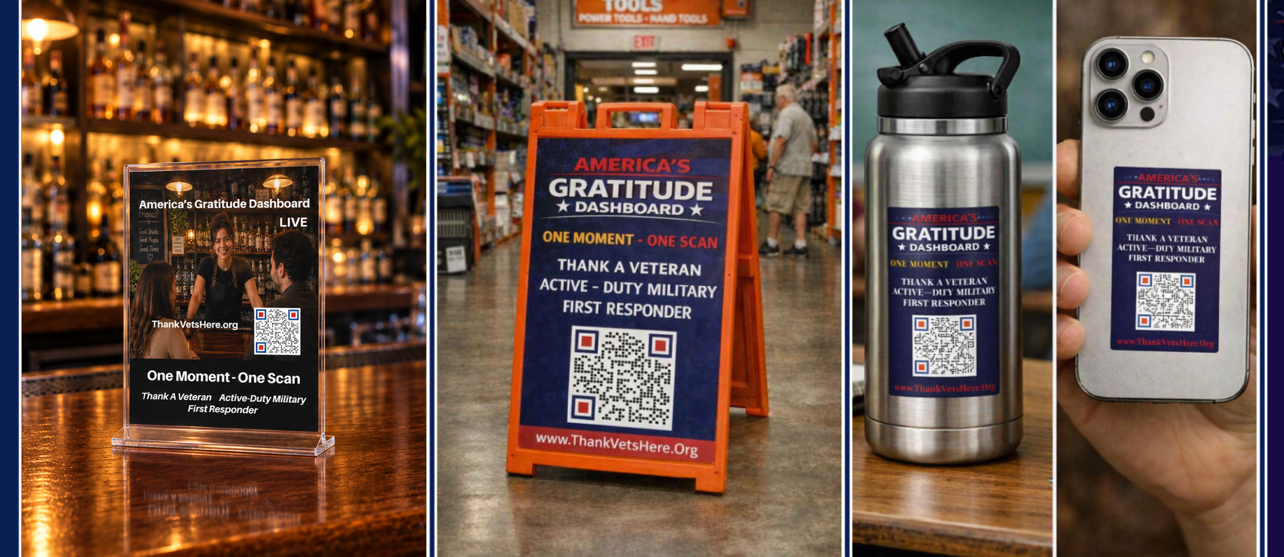 America's Gratitude Dashboard QR displays on a bar table tent, a hardware store sidewalk sign, a water bottle, and a phone