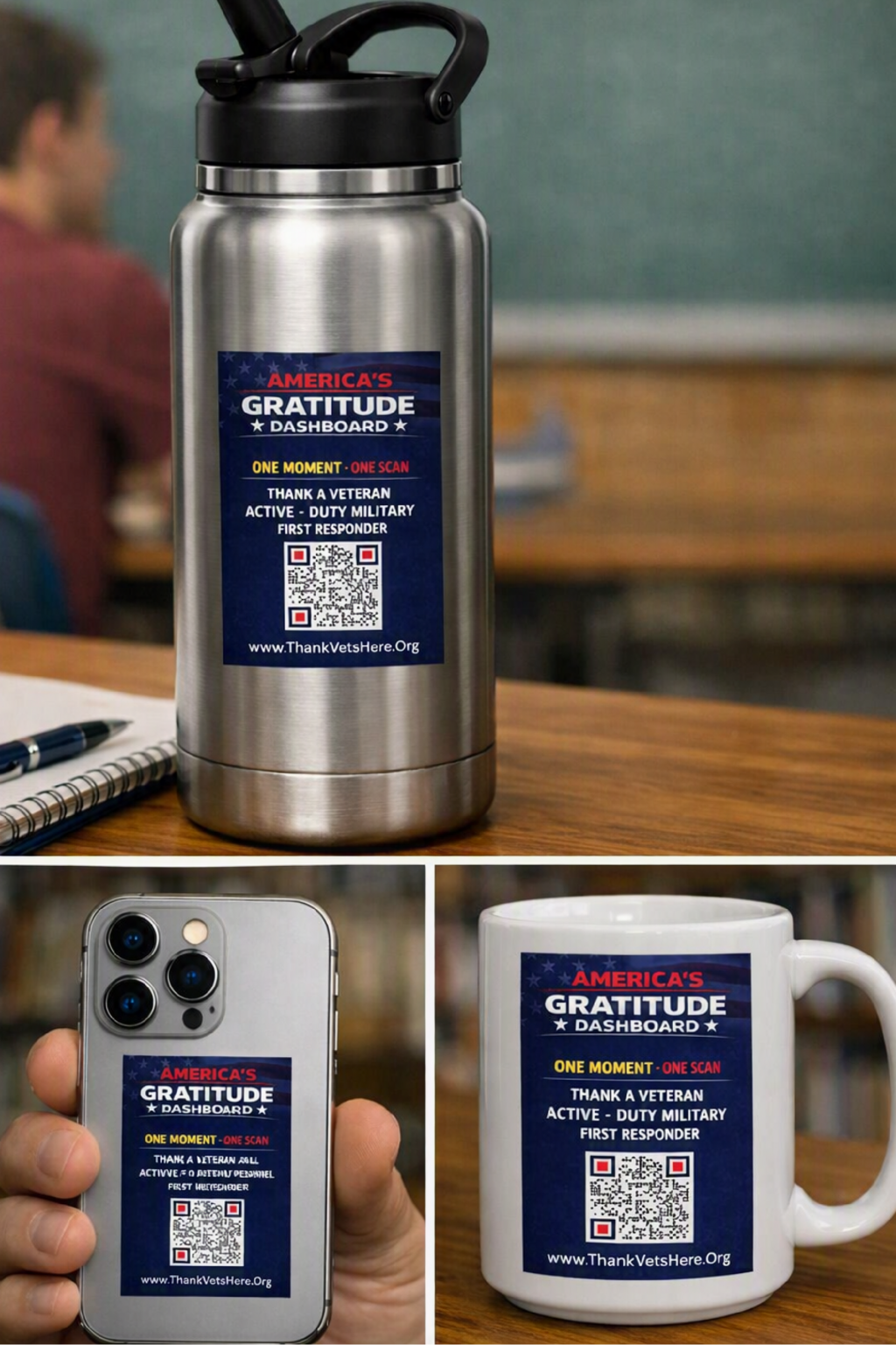 ThankVetsHere decals displayed on a water bottle, a mobile phone, and a coffee mug