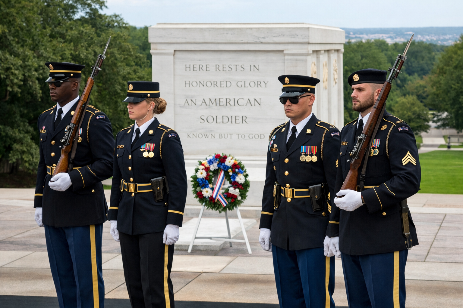Four ceremonial service members standing before the Tomb of the Unknown Soldier