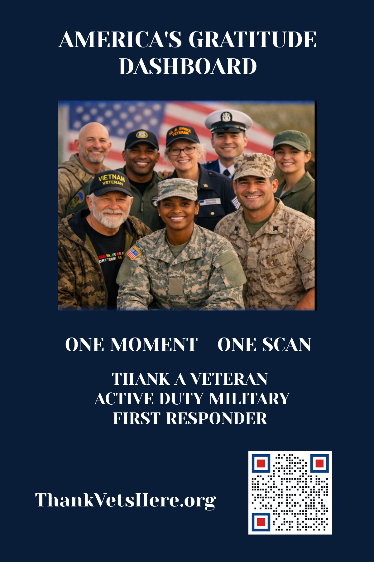 America’s Gratitude Dashboard flyer on a navy field: a group photo of smiling Veterans and service members in uniform and Veteran caps in front of an American flag, followed by the words One moment = one scan. Thank a Veteran, active duty military, first responder. Closes with ThankVetsHere.org and a QR code.