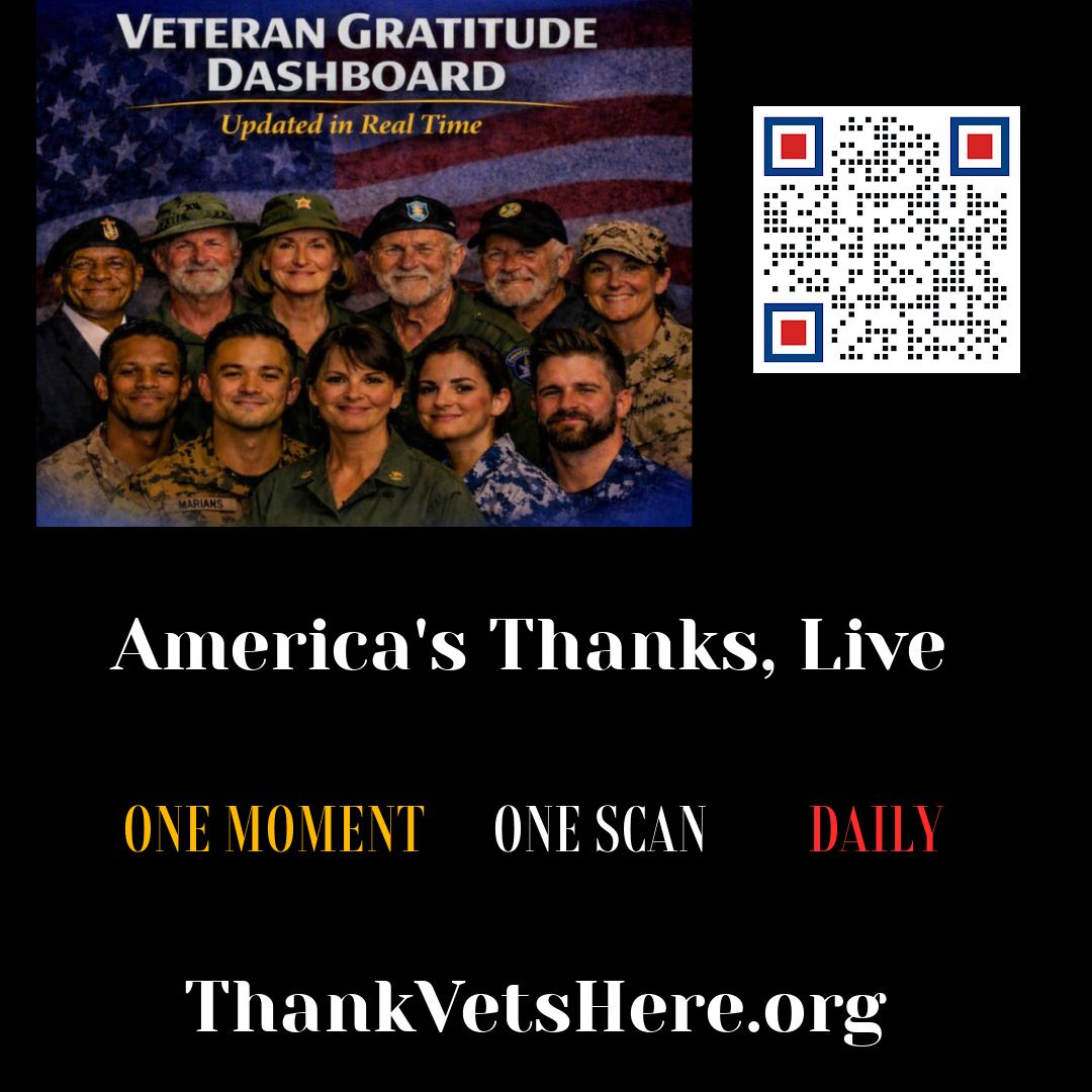 Veteran Gratitude Dashboard poster: America’s Thanks, Live — one moment, one scan, daily, with a QR code and ThankVetsHere.org