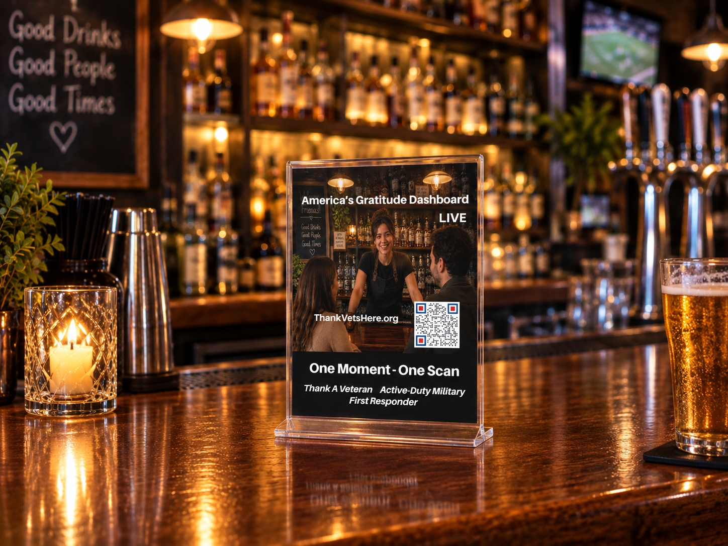 America's Gratitude Dashboard table tent displayed on a bar counter