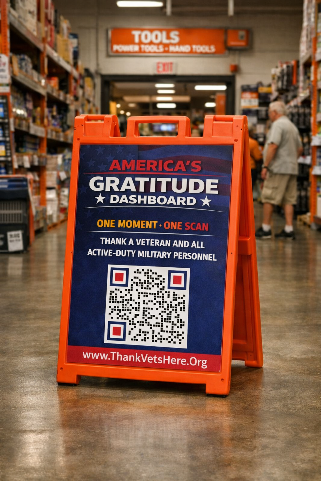 America's Gratitude Dashboard sign displayed in a hardware store aisle