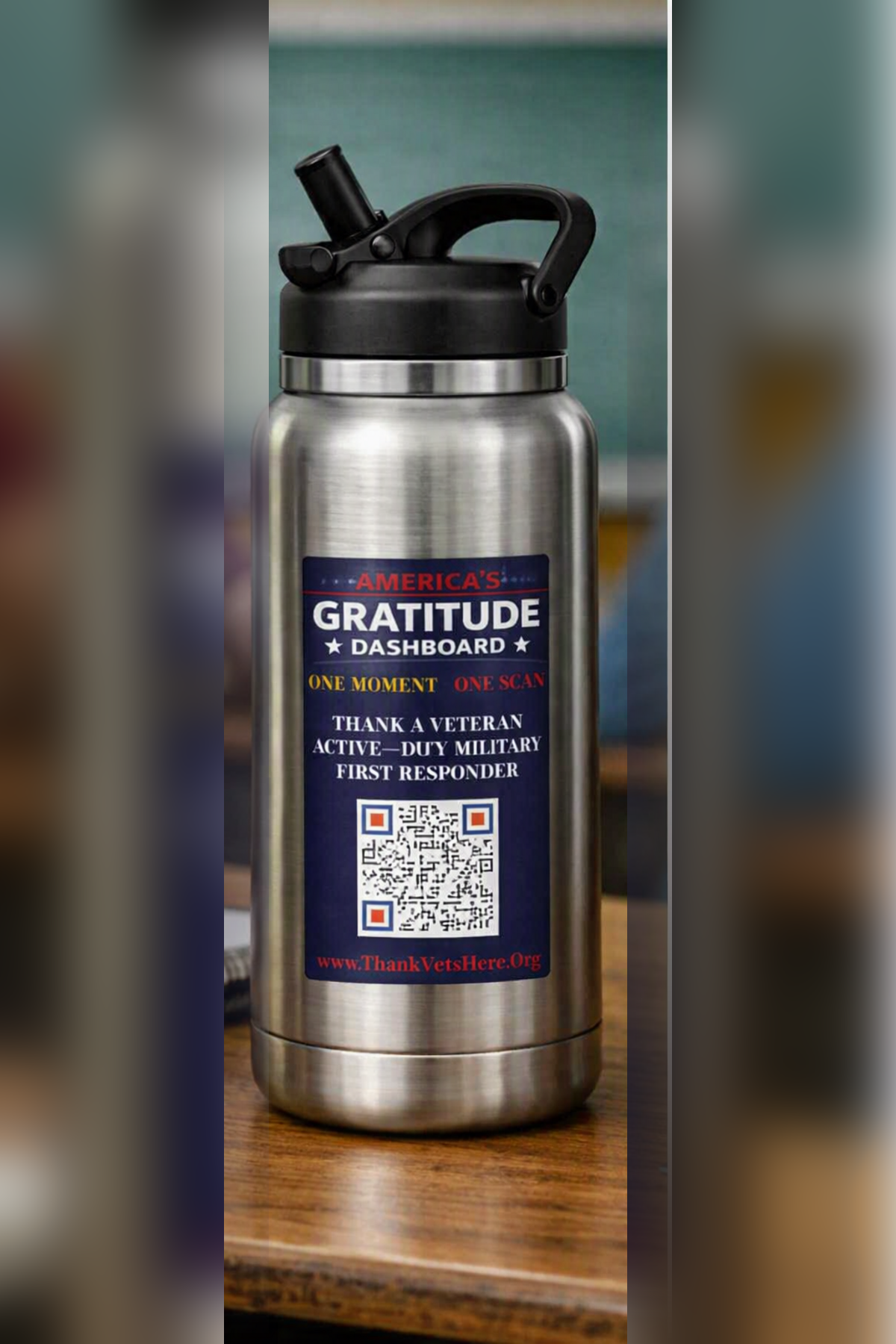 America's Gratitude Dashboard decal on a stainless steel water bottle