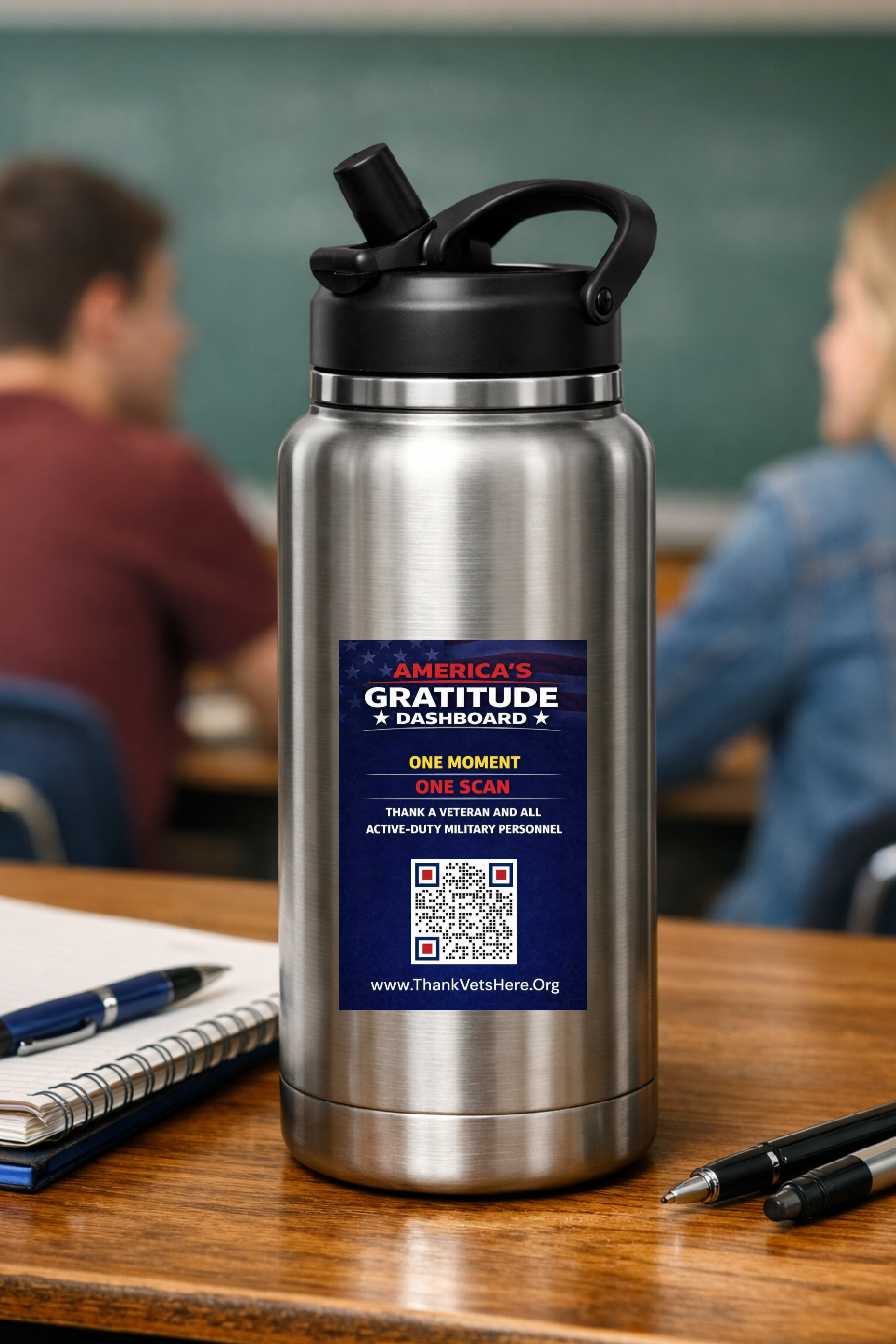 America's Gratitude Dashboard QR code displayed on a thermos